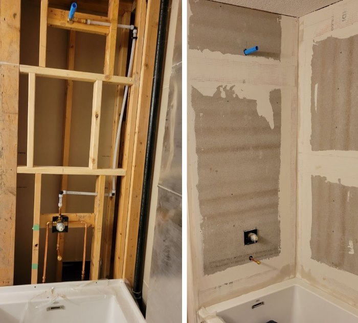 Shower framing pipes and covered with sheet rock